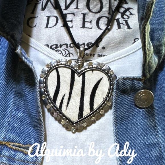 Alquimia Jewelry - Heart Pendant Necklace with Zebra Pattern pony hair huge medallion